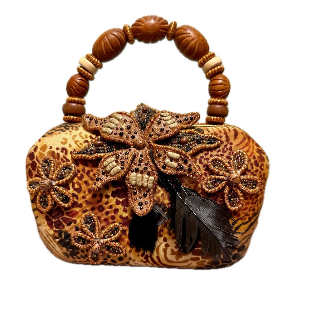 Mary Frances Animal Print Floral Appliqué Feather Wooden Bead Clutch Handbag